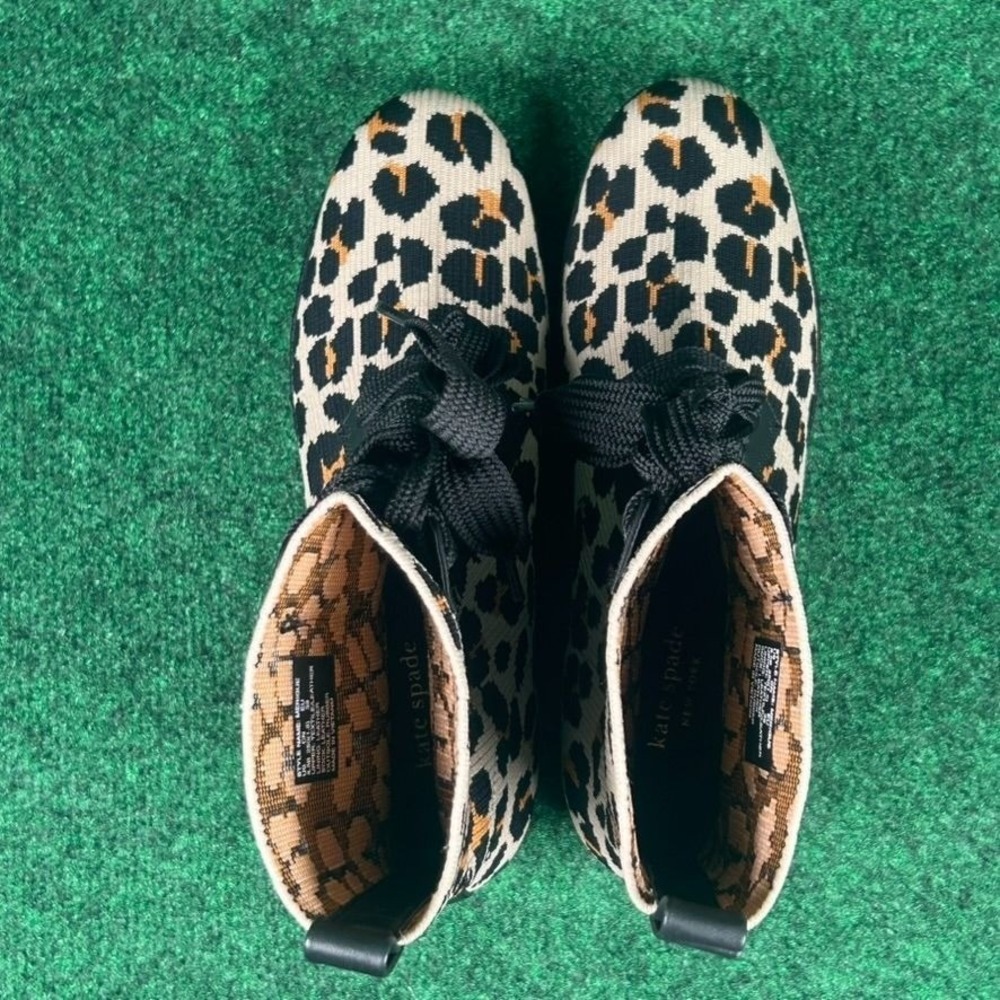 Kate Spade Leopard Print Knit Lace Up Ankle Boots Women 8.5B Leather Rubber Sole - Picture 7 of 11